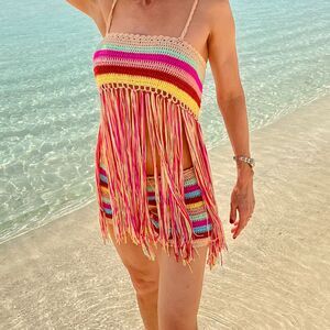 Crochet Fringe Beach Cover Up | Colorful Boho Swim Cover-Up | Festival